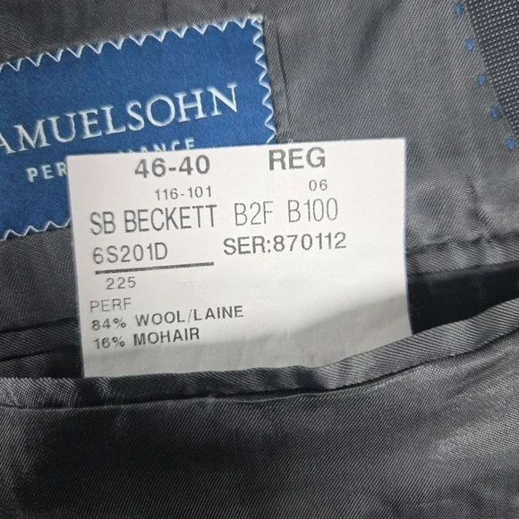 Samuelsohn Wool Mohair Blend Blazer Jacket Mens 46R SB BeckettBlue Black Check